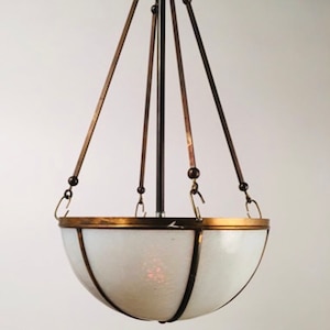 Vintage Rare Antique Art Deco Pure Brass & Milk Glass Shade Hanging Ceiling Pendant Light Fixture