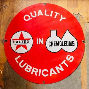 Vintage porcelain enamel Quality Lubricants Motors 30 inch double sided advertising sign board