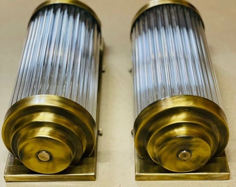 Pair Of Vintage Old Art Deco Brass & Glass Rods Antique Wall Sconces Ship Light Lamp