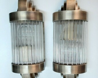 Pair Of Antique Old Vintage Art Deco Brass & Glass Rod Ship Light Wall Sconces Lamp