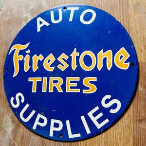 Letrero publicitario esmaltado de porcelana de 12 pulgadas de una sola cara, de Firestone Tires, antiguo y raro.