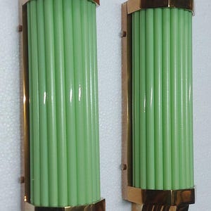 Pair Skyscraper Vintage Art deco light Old Lamp Wall Sconces Fixture Brass & Opaline Green Glass Rod Ship Light Antique