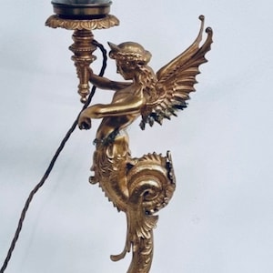 Vintage Art Nouveau Deco Light Old Lamp Mermaid Table Lamp Fixture Brass & Glass Light Antique Lamp