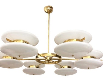 Deco Murano Glass and Brass Sputnik Cloud Chandelier Italian Minimalist Contemporary White Murano Glass and Brass Chandelier