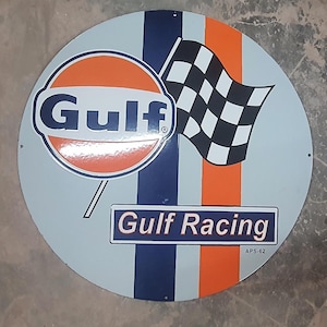 Vintage porcelain enamel Gulf Racing 30 inch sIngle sided advertising sign board