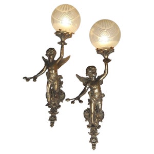 Antique Vintage Art Nouveau Brass Cherub Wall Fixture Sconces Lamp Light