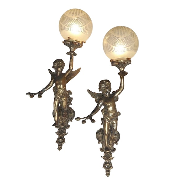 Antique Vintage Art Nouveau Brass Cherub Wall Fixture Sconces Lamp