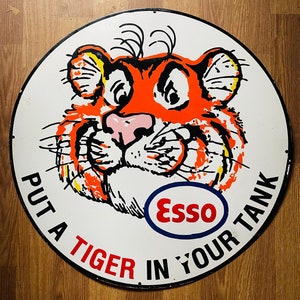 Esso Put A Tiger In Your Tank Vintage Antique Porcelain Advertising Enamel Sign