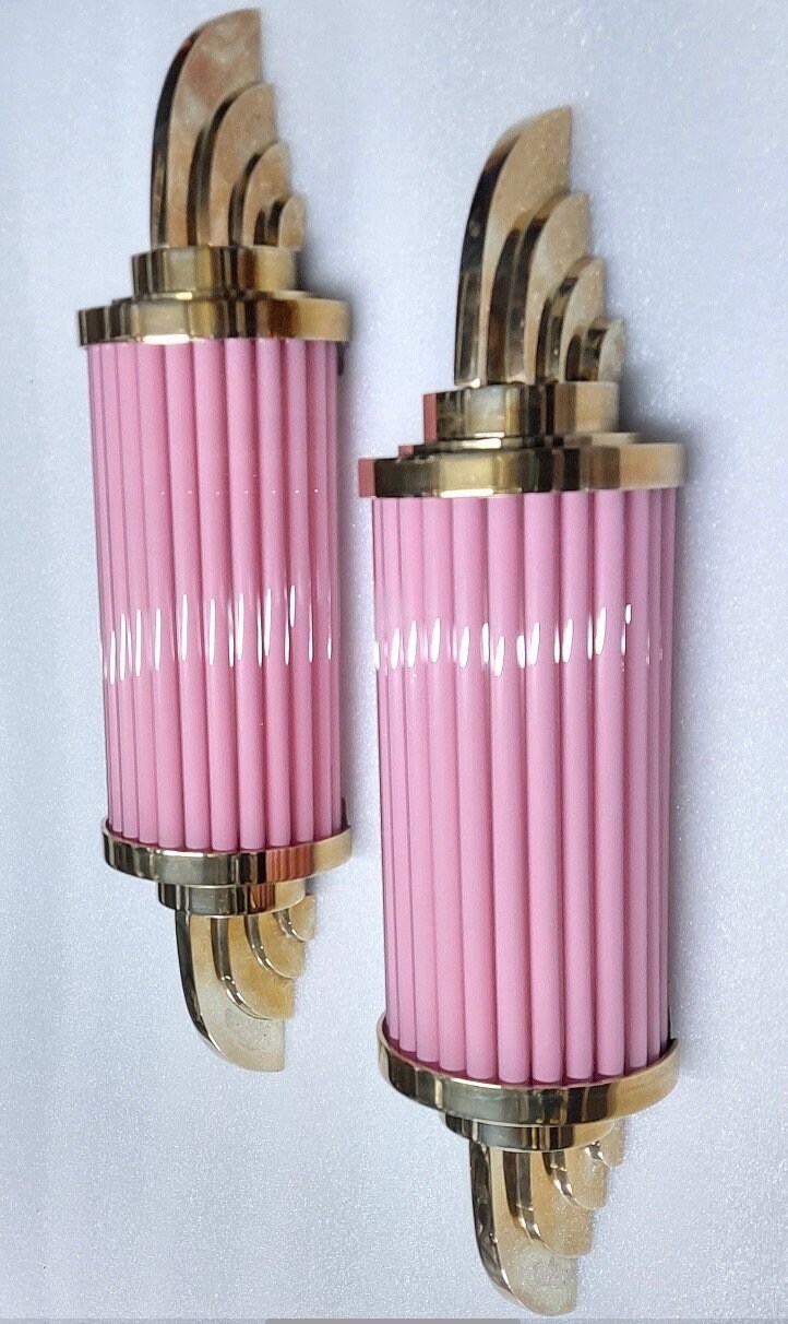 Pink Glass Rods Pair of Antique Vintage Old Art Deco Brass & Pink Glass Rod Ship Light ...