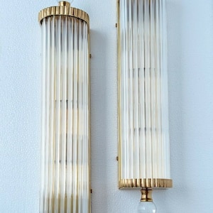 Pair Of Vintage Old Art Deco Brass & Glass Rod Ship Light Fixture Wall Sconces Lamp