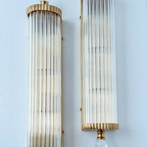 Pair Of Vintage Old Art Deco Brass & Glass Rod Ship Light Fixture Wall Sconces Lamp