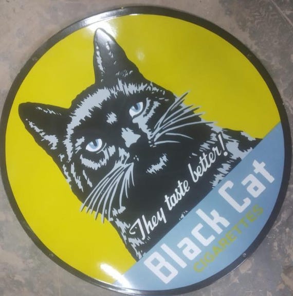 black cat cigarettes enamel sign Old Sign, Cigarettes, Belleek, Lower Lough Erne, County Fermamangh, Northern Ireland Stock Photo During the manufacturing process some minor imperfections to the finish may occur and may be present on the sign Vintage Dodo Designs Enamel Sign