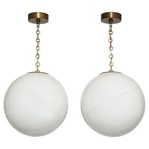 Pair Of Mid- Century Modern Brass & Milk Glass Hanging Ceiling Pendant Lights
