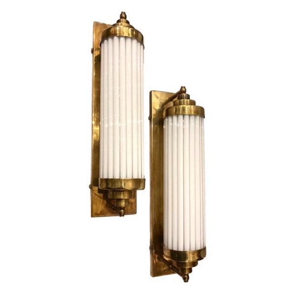 Pair Of Old Vintage Art Deco Brass & Milk Glass Rod Wall Ship Light Wall Sconces Lamp