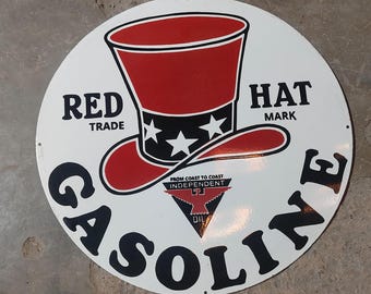 Vintage porcelain enamel Red Hat Gasoline 30 inch single sided  advertising sign board