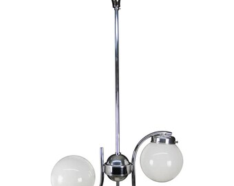 Antique Vintage Elegant Art Deco Chrome Plated Brass & Opaline Glass Chandelier