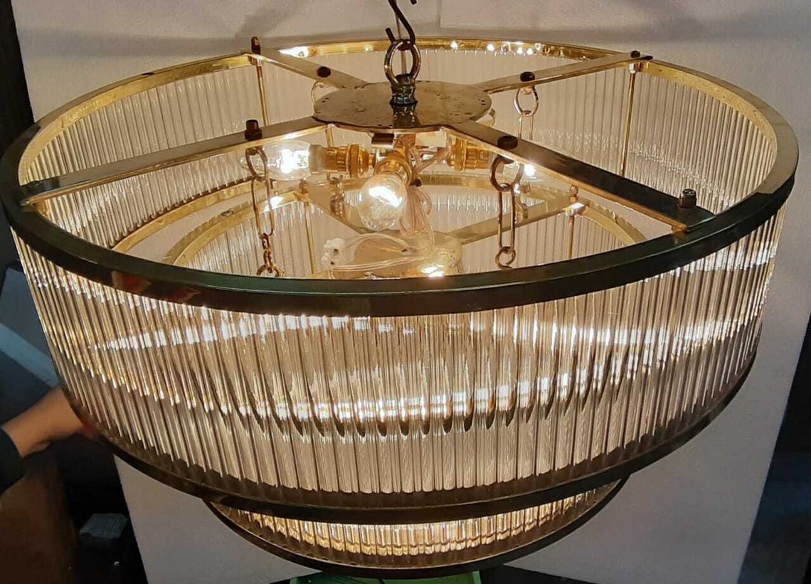 Vintage Art Deco Brass & Glass Rod Ceiling Fixture 8 Light Ship ...