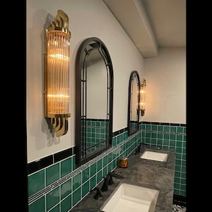 Pair Of Antique Old Vintage Skyscraper Art Deco Brass & Glass Rod Wall Sconces Light Lamp