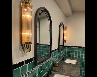 Pair Of Antique Old Vintage Skyscraper Art Deco Brass & Glass Rod Wall Sconces Light Lamp