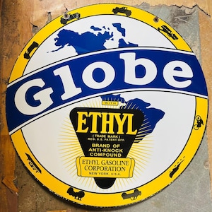 Vintage porcelain enamel Globe Ethyl 30 inch double sided advertising sign board