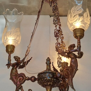 Antique Vintage Old Art Nouveau Brass & Victorian Cut Glass Mermaid Ceiling Hanging Chandelier Lamp Light