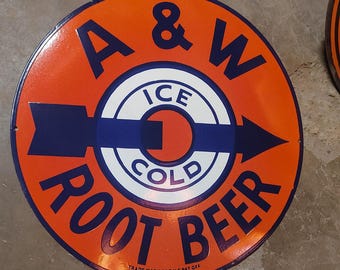 Vintage porcelain enamel A&W Root Beer 30 inch single sided  advertising sign board