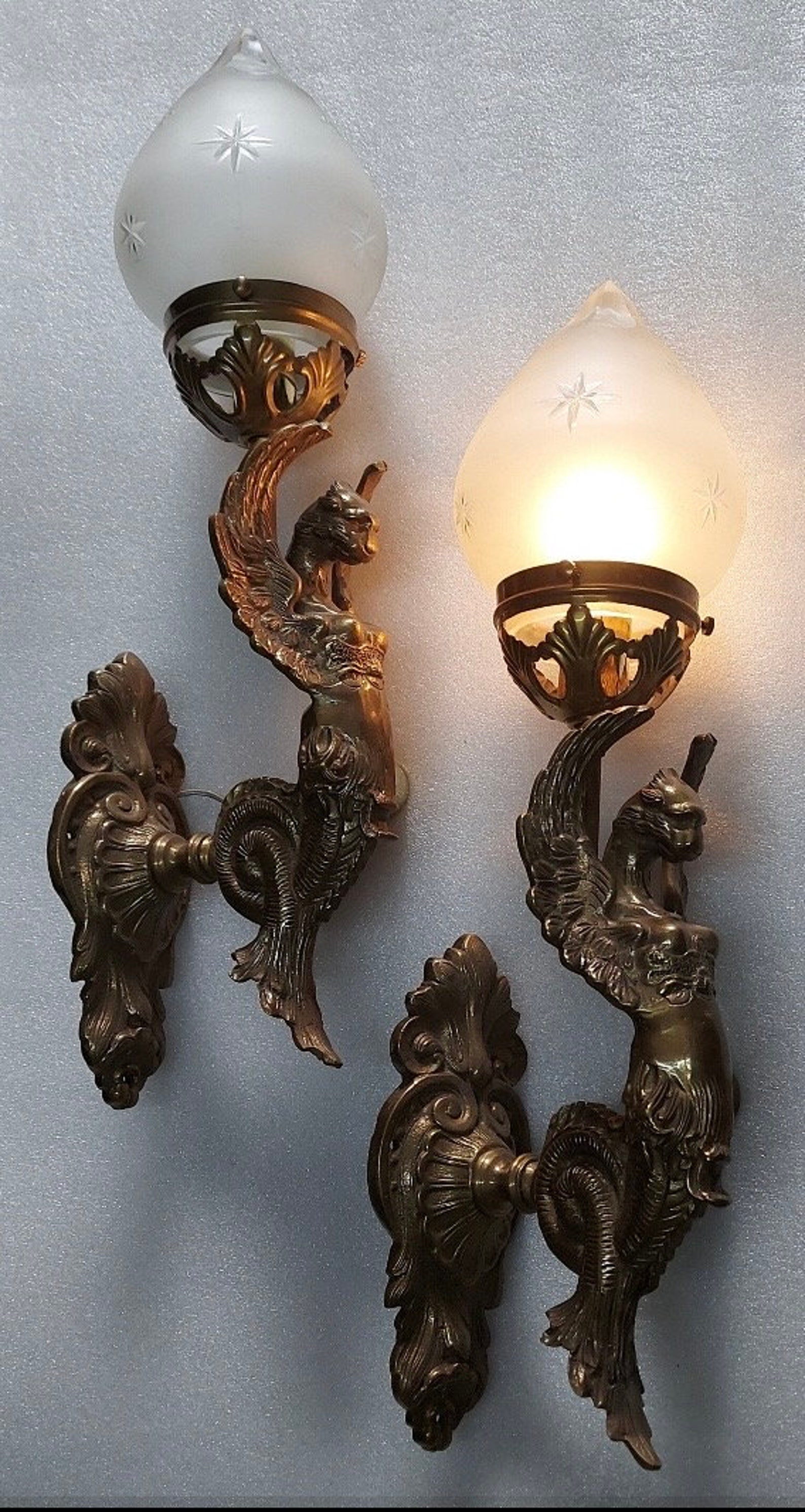 Pair of Vintage Art Nouveau Deco Lamp Lion Mermaid Wall Sconces Fixture ...