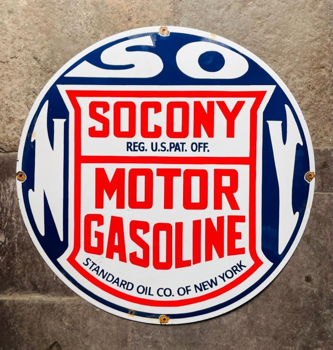 Vintage Porcelain Enamel Socony Motor Gasoline 30 Inch Single Sided ...