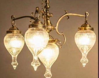 Antique Vintage Old Art deco victorian  midcentury Brass Ceiling Hanging Chandelier Lamp Light