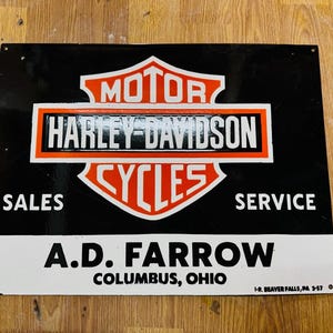 Vintage porcelain enamel Harley Davidson A.D Farrow 24x18 inch single sided advertising sign board
