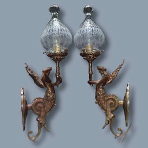 Pair Of Rare Old Antique Vintage Art Deco Nouveau Brass Mermaid Wall Sconces Fixture Light Lamp
