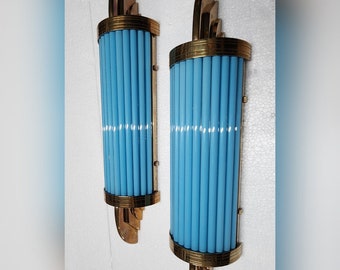 Pair Of Skyscraper Antique Rare Vintage Art Deco Brass & Blue Glass Rod Ship Light Wall Sconces Lamp