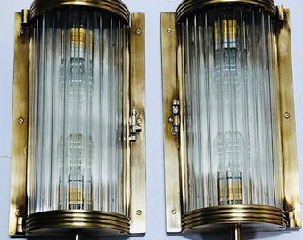 Pair Of Antique Vintage Art Deco Brass & Glass Rod Metro Wall Light Sconces