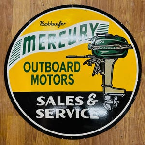 Vintage porcelain enamel Mercury Outboard Motors Sales & Service 30 inch single sided advertising sign board