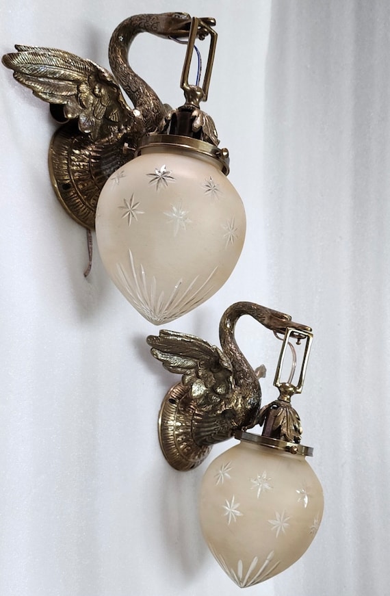 Pair Of Antique Vintage Art Nouveau Brass Swan Wall Sconces star glass Lamp Fixture Light