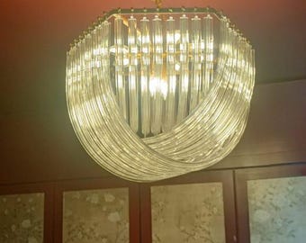 Antique Vintage Art deco brass glass rod Ceiling Hanging Chandelier Lamp Light