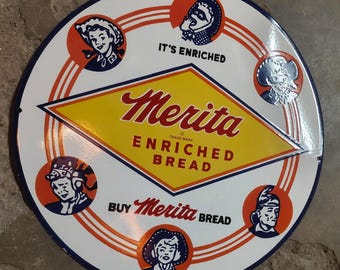 Vintage porcelain enamel Merita Enriched Bread 30 inch single sided advertising sign board
