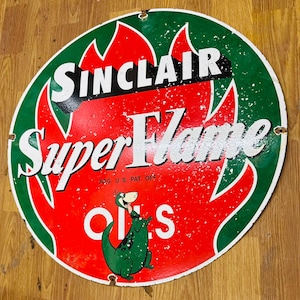 Vintage porcelain enamel Sinclair Super Flame single sided 30 inch advertising sign board