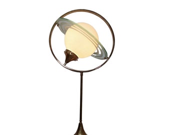 Vintage Antique Art Deco Old Saturn Light Brass Floor Lamp Table Lamp With Milk Glass Shade