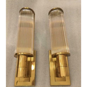 Vintage Anitique Art Deco Pair of Brass And Glass Rod Wall Light Lamp Sconces