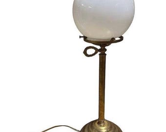 Vintage Art Deco Era Brass Buffet Desk Table Lamp With Milk Glass Shade