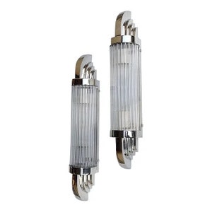 Pair Antique Vintage Art Deco Brass & Glass Rod Nickel chrome  Wall Sconces Lights Lamp