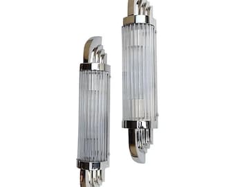 Pair Of Antique Vintage Art Deco Brass & Glass Rod Nickel Wall Sconces Lights Lamp