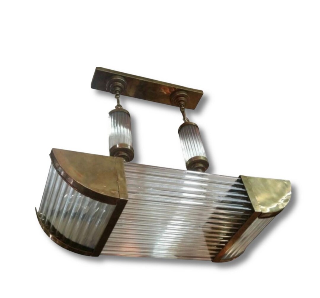 Vintage Art Deco Brass & Glass Rod Ceiling Fixture 6 Light Ship ...