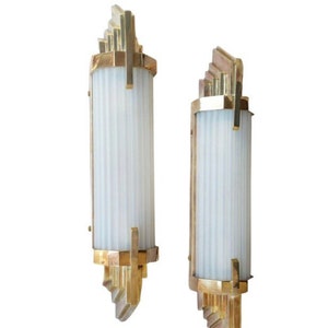 Pair Of Antique Old Vintage Art Deco Skyscraper Brass & Frosted Glass Rod Ship Light Wall Sconces Lamp