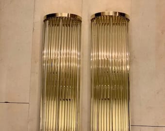 3 pc Of Antique Vintage Old Art Deco Brass & Glass Rod Ship Wall Scones Lamp Light