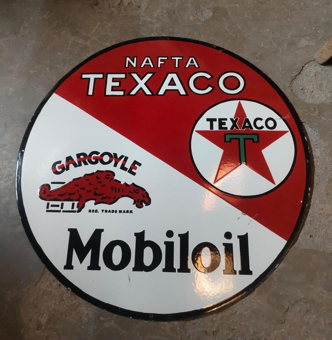 Vintage Porcelain Enamel Nafta Texaco Mobiloil 30 Inch Single Sided ...