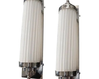 Antique Vintage Set Of French Art Deco Brass & Opaline Glass Rod Wall Sconces Lamp In Chrome Finish