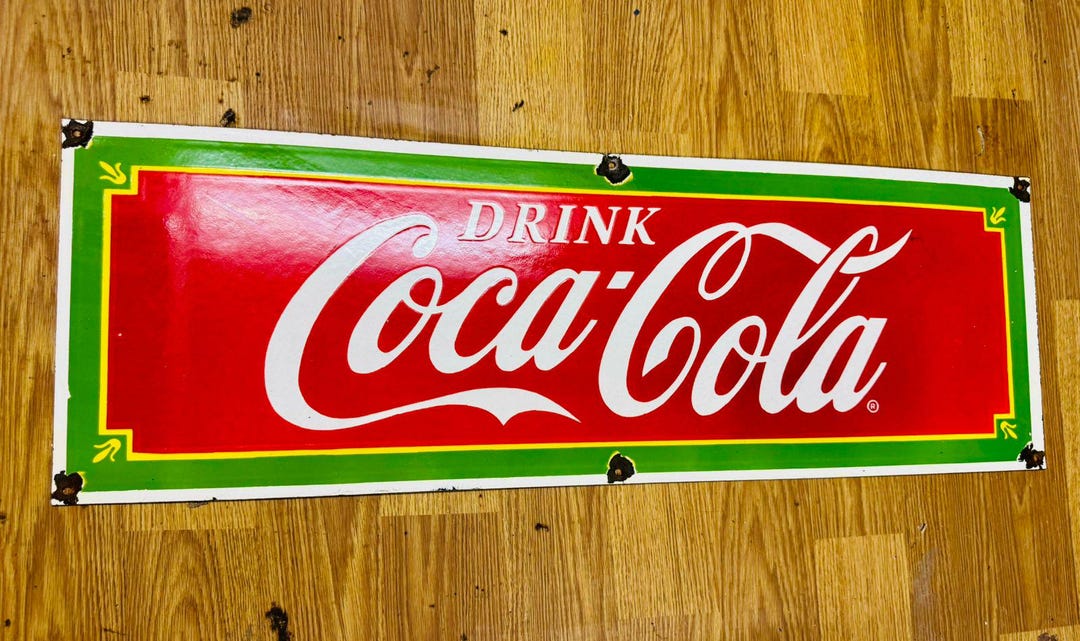 Vintage Porcelain Enamel Drink Coca Cola 12x36 Inch Single Sided