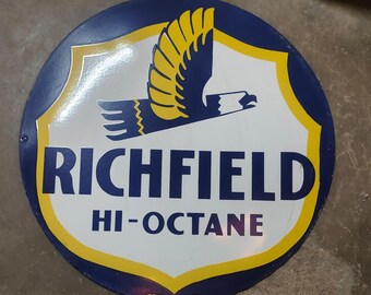 Vintage porcelain enamel Richfield Hi-Octane 30 inch single sided  advertising sign board